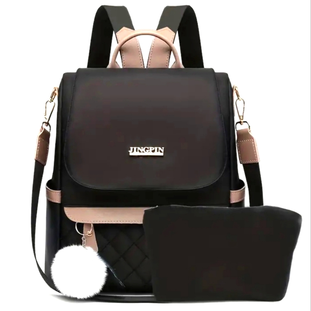 Two-tone Black & Cream Quilted Nylon 2way Bag, Backpack & Shoulder Bag